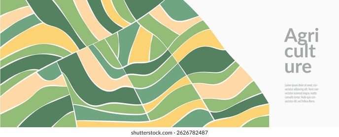 Abstract vector design of farm landscape, green fields, rolling hills. Summer scenery with vibrant yellow, white, and green, showcasing  agricultural environment and panoramic mountain view