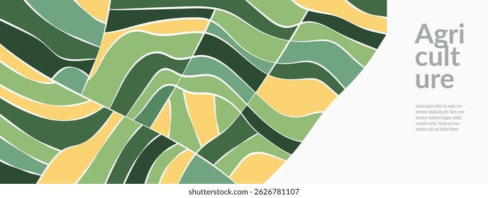 Abstract vector design featuring rice field, wheat, tea crop across rural landscape. Eco-friendly, minimal textures and patterns highlight nature and agriculture. Banner, cover, environmental template