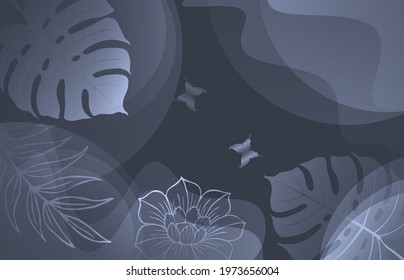 Abstract vector design. Gray background with tropical leaves and flowing lines.
