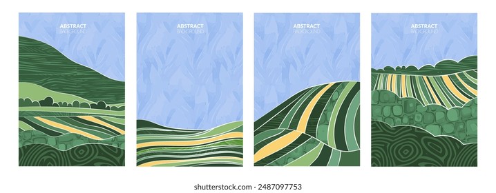 Abstract vector design with green field, wheat, rice, tea plantation. Geometric pattern, watercolor textures. Eco-friendly agriculture, modern elegance. Artistic farm illustration, natural countryside