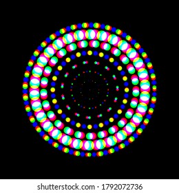 
Abstract vector design of halftone colored circles, dots on a black background.