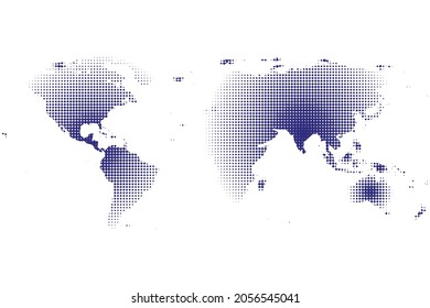 Abstract vector design illustration world map of dots. Vector halftone circles that form the world map