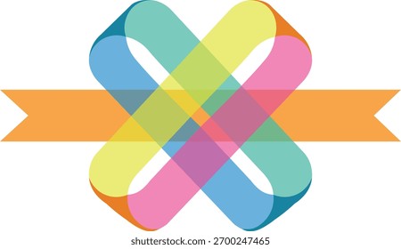 Abstract vector design of an interlocking bow with translucent, colorful ribbons. Represents connection, celebration, and modern branding concepts.