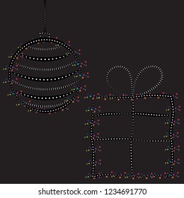 Abstract vector design of isolated decorative gift and Christmas bauble with colourful confetti and geometric elements on black background