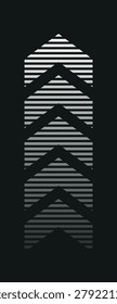 Abstract vector design with layered, striped arrow patterns in grayscale on a dark background, creating a modern and dynamic visual effect.