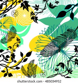 abstract vector design with layers of leaves, ivy, flowers, feathers and abstract black silhouette shapes in green and yellow gold colors