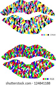 abstract vector design with pop art lips in print and monitor colors isolated on white background