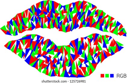 abstract vector design with pop art kiss in red,green and blue colors isolated on white background