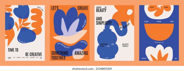 Abstract vector design posters with bold shapes and vibrant blue and orange colors. Creative and artistic, these posters emphasize simplicity and beauty. Blue and orange vector posters.