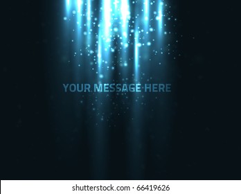 Abstract vector design. Rays of light are shining from top on text below with dust particles around it. Background has a dark blue texture.