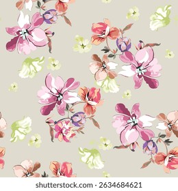 abstract vector design seamless pattern, mixed floral arrangement, soft and bright colors, for summer ideas, print on textile fabrics or backgrounds.
