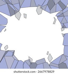 Projeto vetorial abstrato de parede poligonal semitransparente estilhaçada com peças quebradas ao redor do centro vazio circular, perfeito para explosão, destruição, fundo rachado ou conceito de quadro criativo