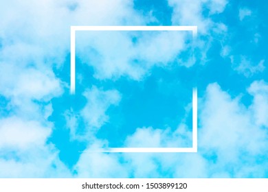 Abstract vector design template for a quote, blue sky background with white clouds and a square frame, a texture with a place for text and logo