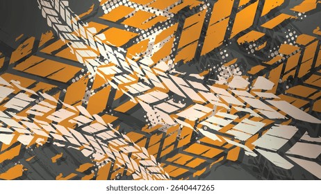 An abstract vector design of tire tracks in orange and white, giving the impression of energy, speed and power. Suitable for automotive or industrial themes.