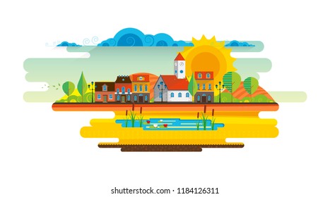 Abstract vector design of town with churcg on a meadow. Summer rural landscape.