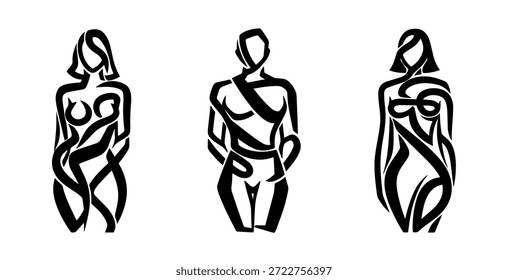 Diseño de Vector Abstractas de dos mujeres y un hombre en el centro hecho con cintas negras sobre un fondo blanco