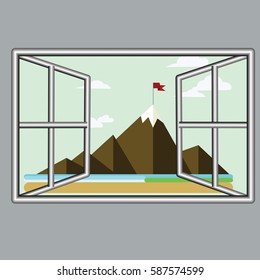 abstract vector design window to see mountain view flat icon