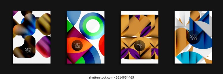 Abstract vector designs. Bright colors, geometric shapes, modern style. Minimalist compositions, dynamic gradients, visual harmony.