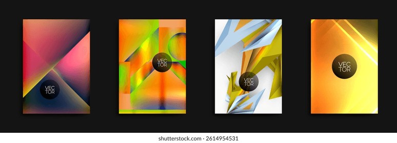 Abstract vector designs. Bright colors, geometric shapes, dynamic compositions. Modern style, gradients, visual elements.