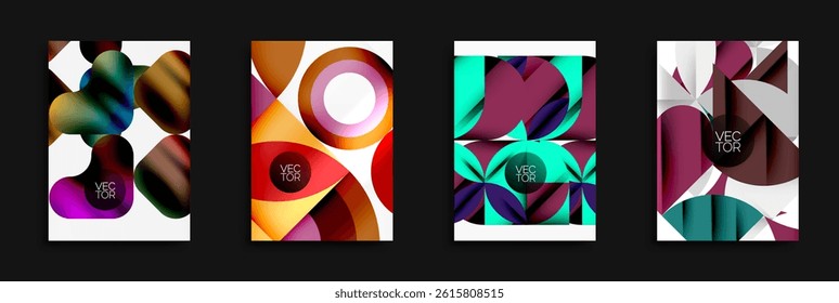 Abstract vector designs. Bright colors, geometric shapes, modern compositions. Minimalist style, dynamic layouts, gradients present.