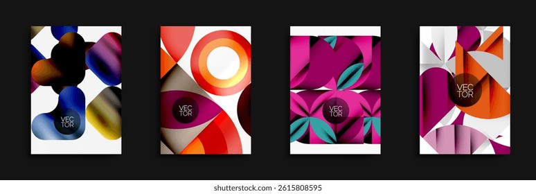 Abstract vector designs. Bright colors, geometric shapes, modern style. Minimalist compositions, gradients present.
