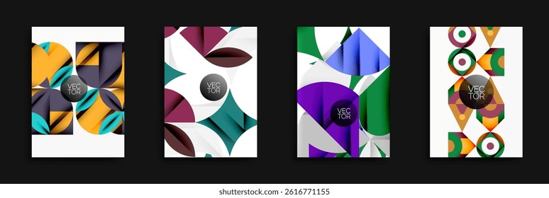 Abstract vector designs. Geometric shapes overlap, creating dynamic compositions. Colors varyorange, purple, green, brown. Modern aesthetic.