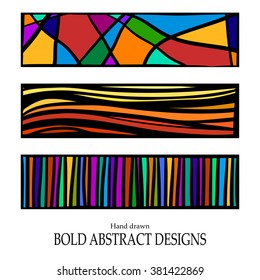abstract vector designs, hand drawn bold lines and stained glass pattern rectangles with bright fun bold colors in dramatic modern art style