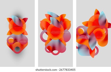 Designs vetoriais abstratos. Formas sobrepostas criam composições dinâmicas. As cores quentes dominam, com acentos frios. Há rótulos de texto minimalistas.