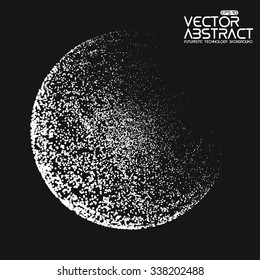 Abstract vector destroyed mesh spheres. Sphere breaking apart into points. Futuristic technology style. Flying point debrises. Monochrome. Elegant background for business presentations. eps10