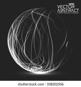 Abstract vector destroyed mesh spheres. Sphere breaking apart into points. Futuristic technology style. Flying point debrises. Monochrome. Elegant background for business presentations. eps10
