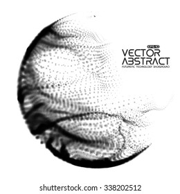 Abstract vector destroyed mesh spheres. Sphere breaking apart into points. Futuristic technology style. Flying point debrises. Monochrome. Elegant background for business presentations. eps10