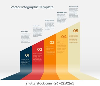 Abstract vector diagram showing rising ribbons in red, orange, and dark blue colors, symbolizing business growth and development with explanation text