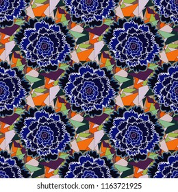 Abstract vector digital stylized black, blue and gray picture. Mixed media artwork for textiles, fabrics, souvenirs, packaging and greeting cards. Imprints floral seamless pattern.