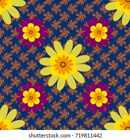 Abstract vector digital stylized blue, yellow and purple picture. Mixed media artwork for textiles, fabrics, souvenirs, packaging and greeting cards. Imprints floral seamless pattern.