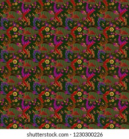 Abstract vector digital stylized brown, gray and green picture. Mixed media artwork for textiles, fabrics, souvenirs, packaging and greeting cards. Imprints floral seamless pattern.
