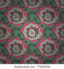 Abstract vector digital stylized brown, green and beige picture. Mixed media artwork for textiles, fabrics, souvenirs, packaging and greeting cards. Imprints floral seamless pattern.