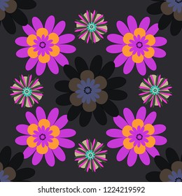 Abstract vector digital stylized orange, black and violet picture. Mixed media artwork for textiles, fabrics, souvenirs, packaging and greeting cards. Imprints floral seamless pattern.