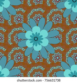 Abstract vector digital stylized red, blue and brown picture. Mixed media artwork for textiles, fabrics, souvenirs, packaging and greeting cards. Imprints floral seamless pattern.