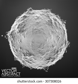 Abstract vector distorted monochrome sphere. Explosion of sphere with glowing particles. Futuristic technology style. Elegant background for business presentations.