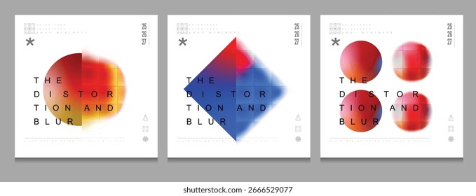 Cartão de desfoque de distorção vetorial abstrato com formas de gradiente geométrico colorido.