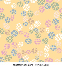 Abstract vector distressed easter eggs seamless pattern. Pastel colored and random placed all over print with yellow background.