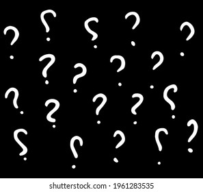 Abstract vector dog pattern with squiggle. Memphis-style background with question marks drawn by hand with a white line on a black background for the design template