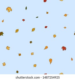 abstract vector doodle autumn leaves seamless pattern - leaves are falling from the light blue sky