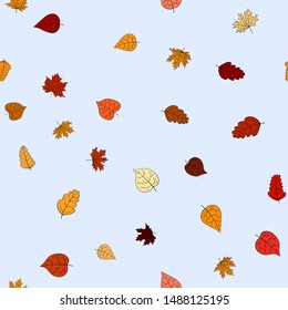 abstract vector doodle autumn leaves seamless pattern - leaves are falling from the light blue sky