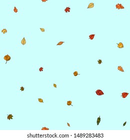 abstract vector doodle autumn leaves seamless pattern - leaves are falling from the light blue sky