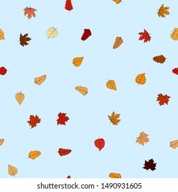 abstract vector doodle autumn leaves seamless pattern - leaves are falling from the light blue sky