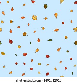 abstract vector doodle autumn leaves seamless pattern - leaves are falling from the light blue sky