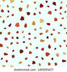 abstract vector doodle autumn leaves seamless pattern - leaves are falling from the light blue sky