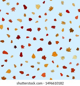 abstract vector doodle autumn leaves seamless pattern - leaves are falling from the light blue sky