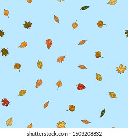 abstract vector doodle autumn leaves seamless pattern - leaves are falling from the light blue sky